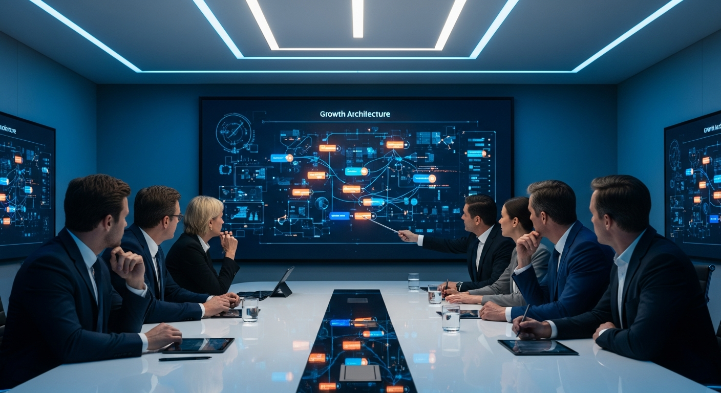 Reunião executiva com arquitetura de crescimento e funil digital em tela estratégica