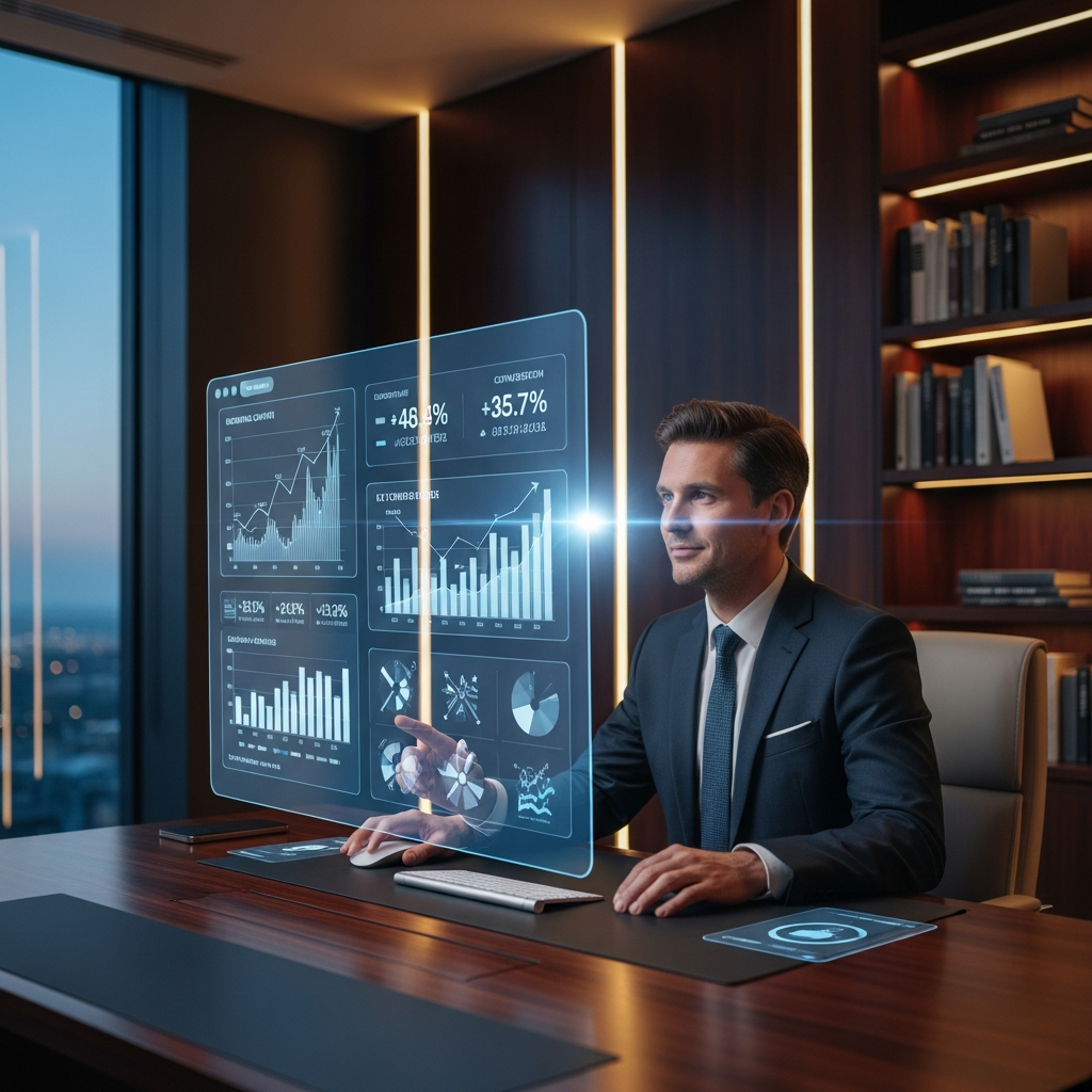 Executivo revisando evolução de conversão e crescimento com dashboard de performance