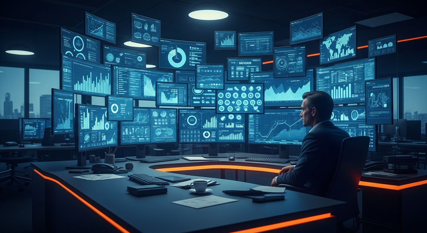 Executivo diante de dados desconectados e indicadores de marketing sem direção clara