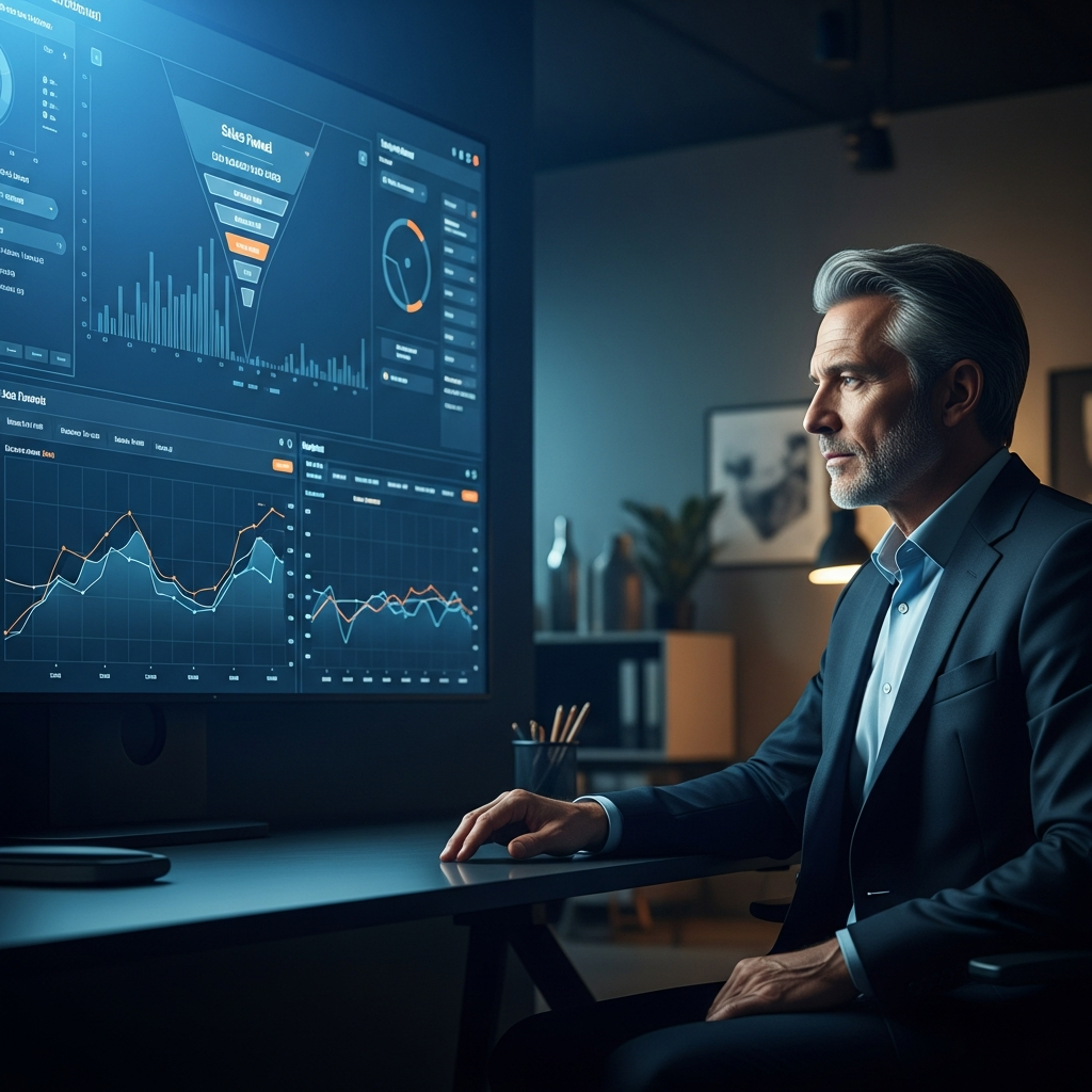 Estrategista senior analisando dashboard de funil de vendas em ambiente corporativo premium