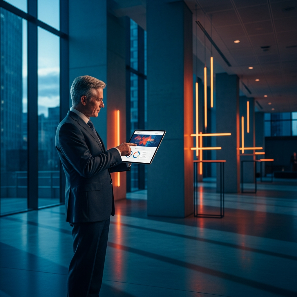 Executivo em ambiente corporativo premium simbolizando autoridade de marca em site institucional