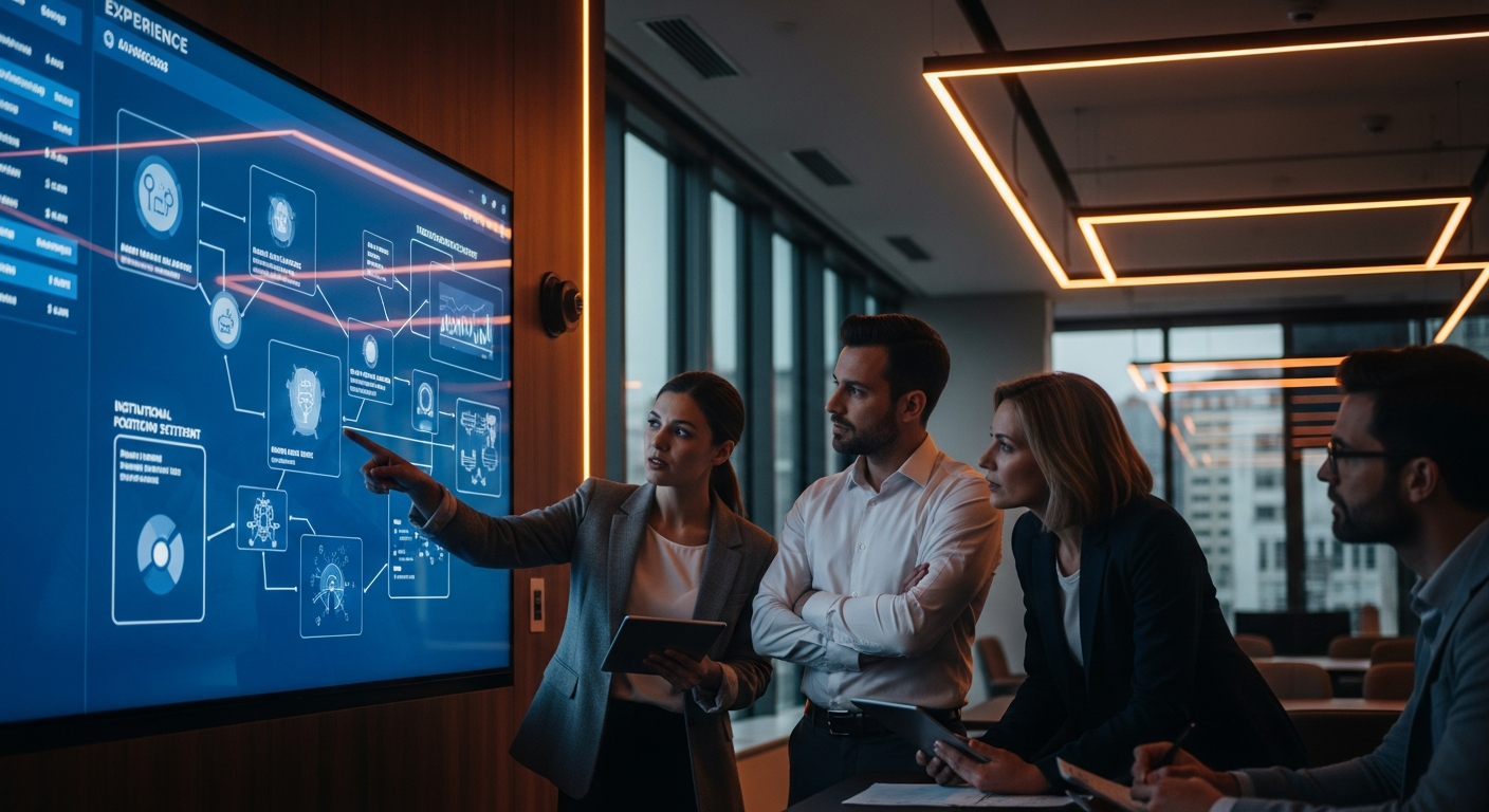 Equipe estratégica alinhando narrativa institucional, posicionamento digital e autoridade de marca