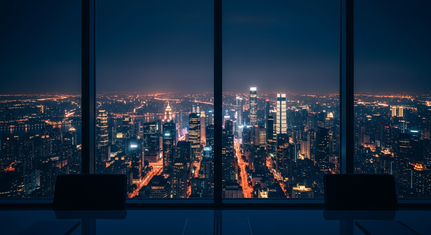 Ambiente corporativo noturno representando ambição e decisão para escalar mídia paga