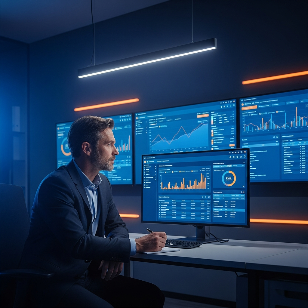 Estrategista sênior de mídia paga analisando dashboard de ROI e conversão em ambiente corporativo premium