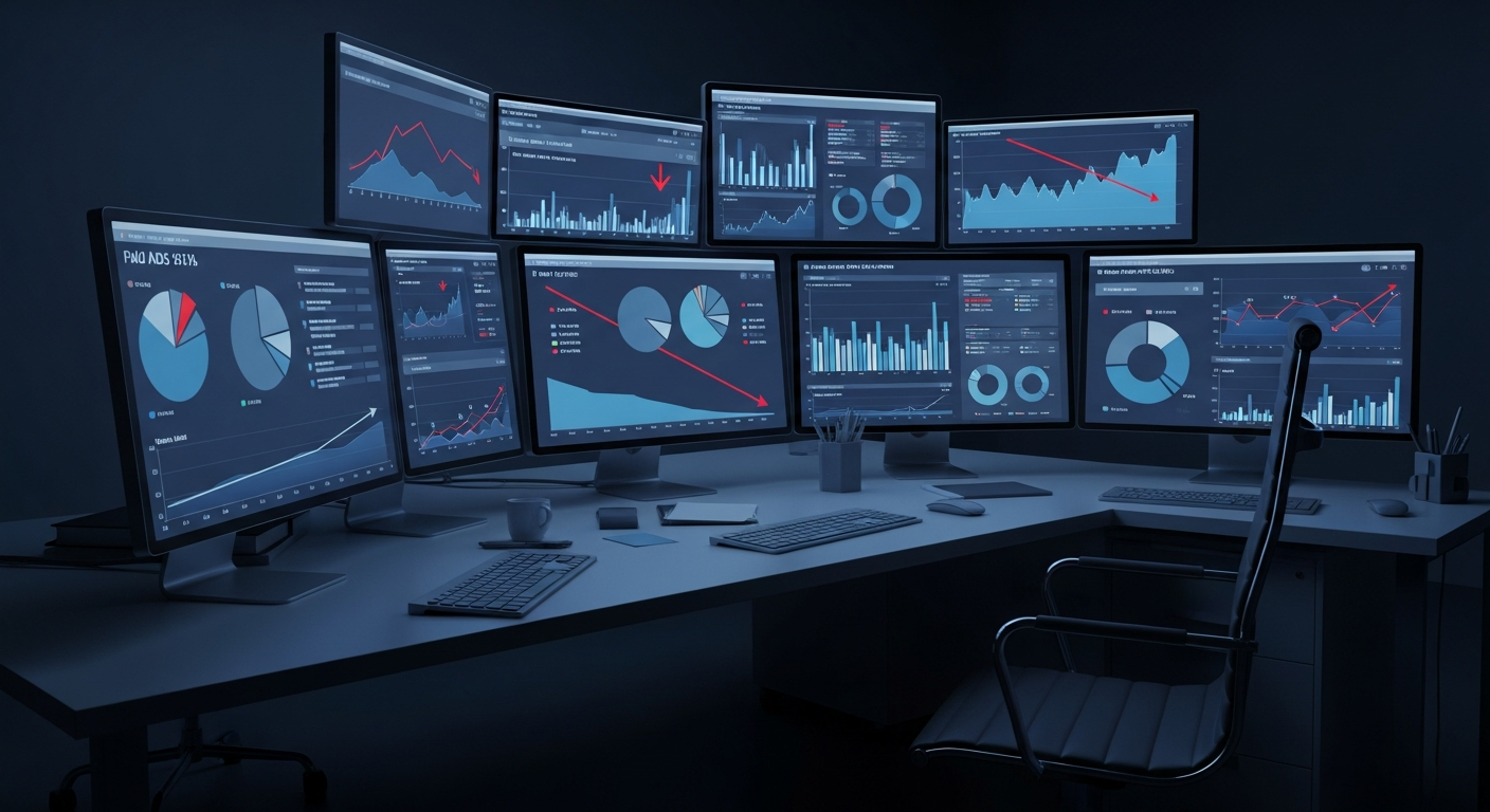 Painel com métricas de anúncios desconectadas e queda de performance em ambiente corporativo