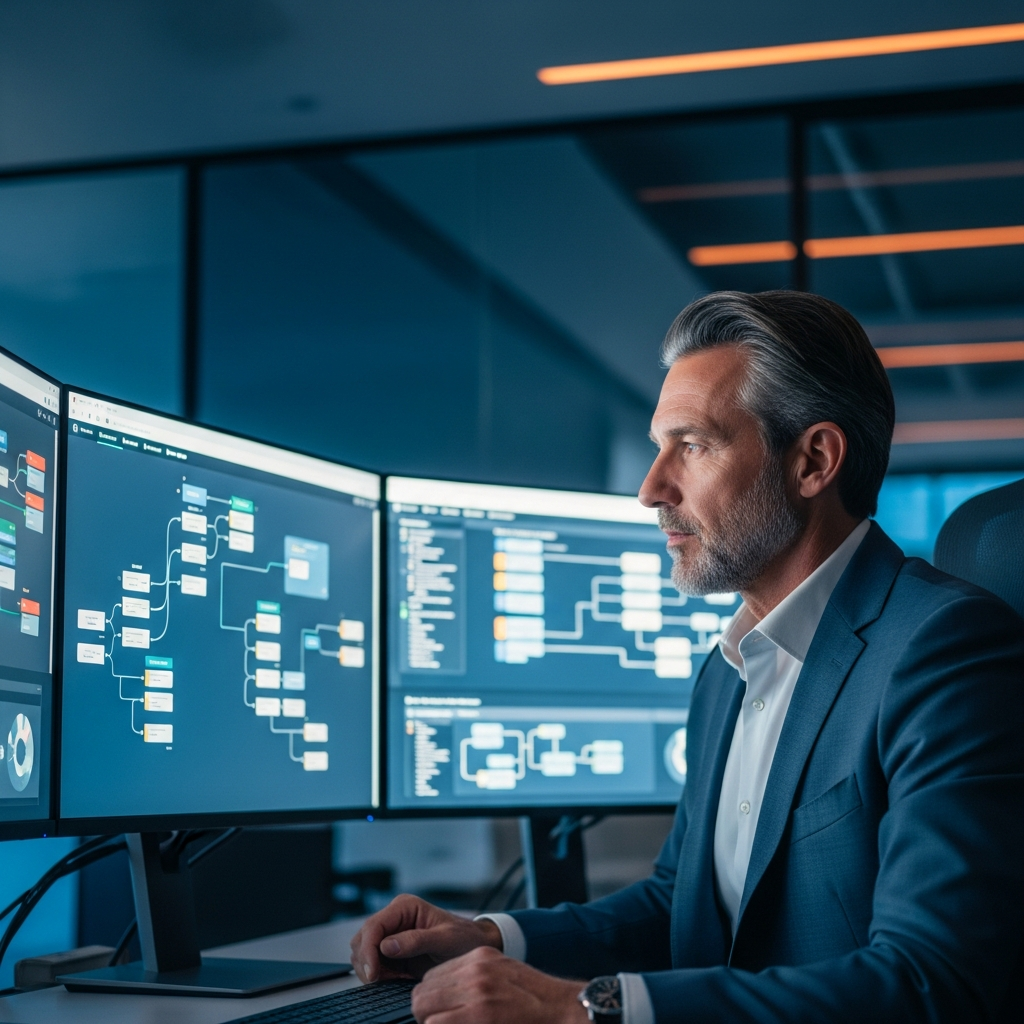 Estrategista digital avaliando webdesign estratégico e arquitetura de ativos digitais para conversão