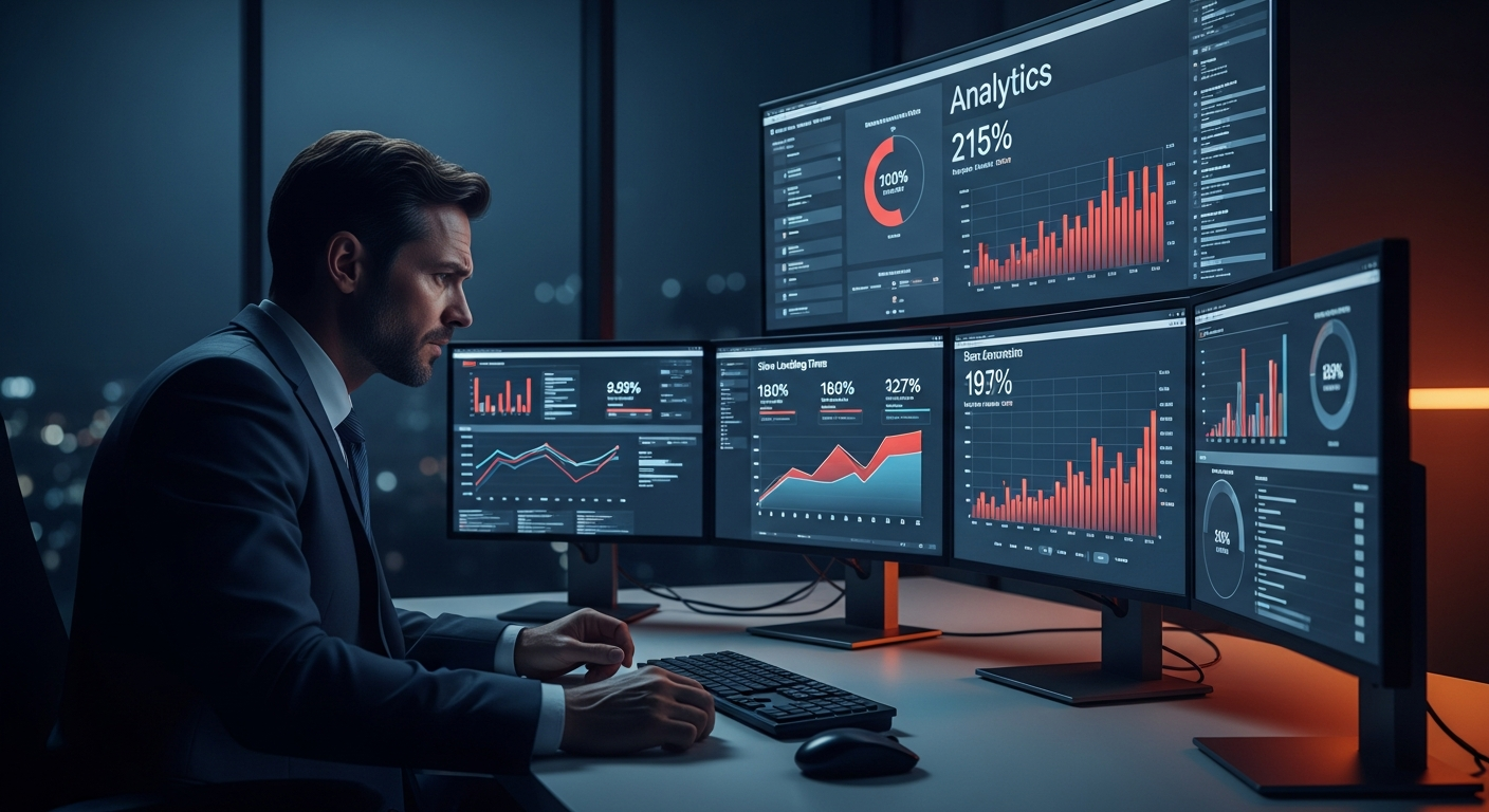 Executivo analisando métricas baixas de conversão em site institucional sem performance