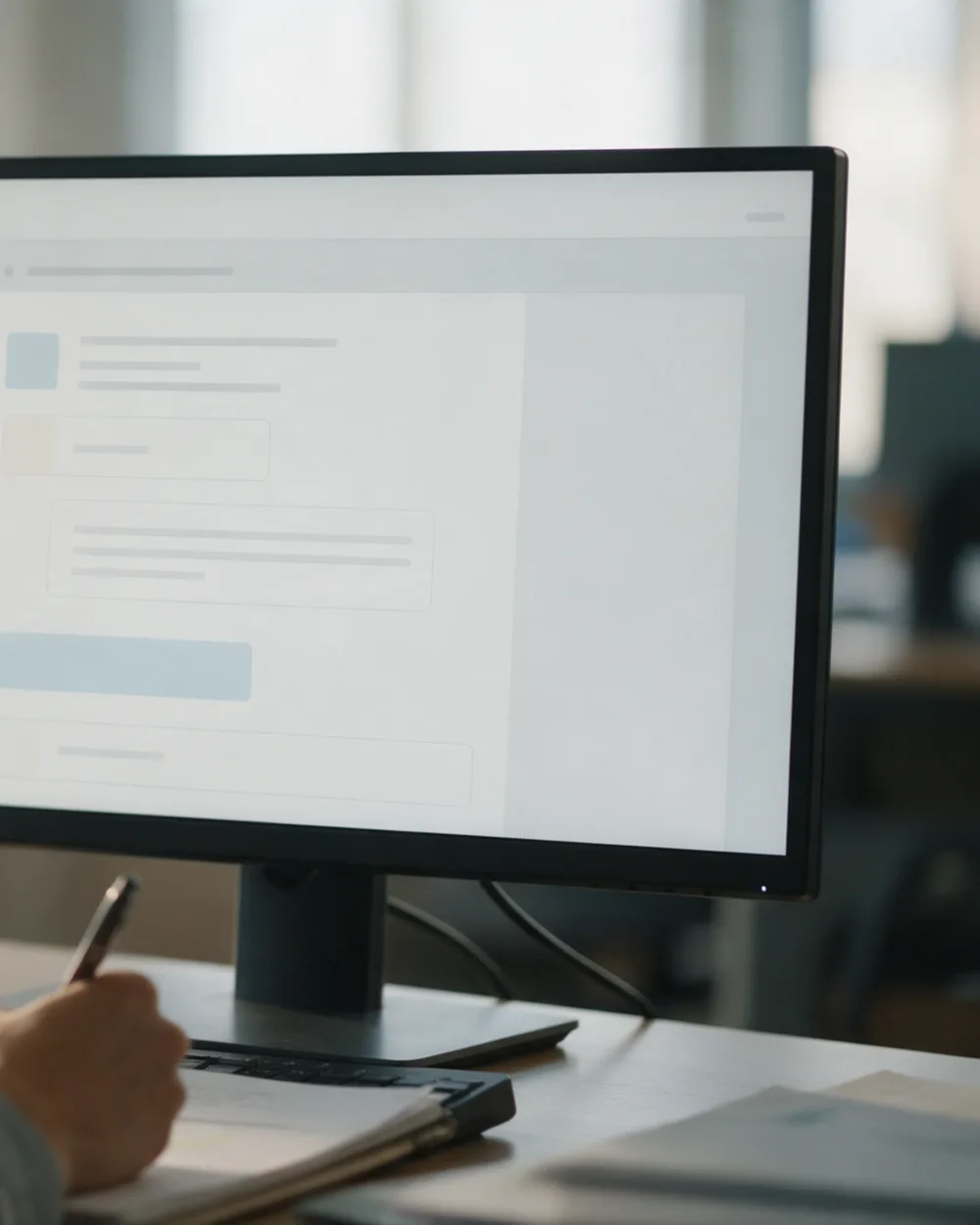 Profissional com fone de atendimento anotando uma dúvida em papel enquanto olha uma página de perguntas e respostas no monitor