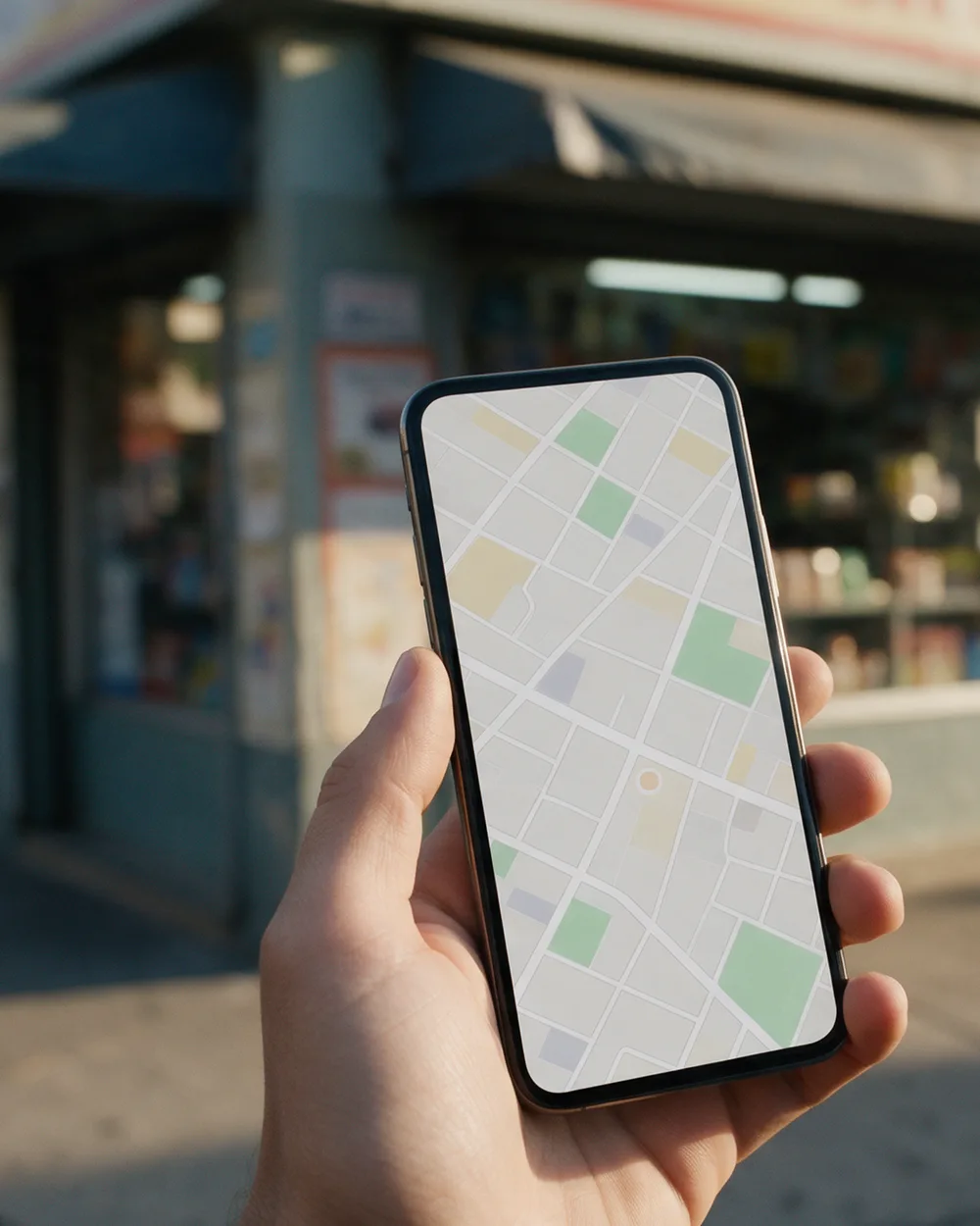 Mão segurando um celular com um mapa de resultados próximos, na calçada em frente à fachada de uma loja de bairro