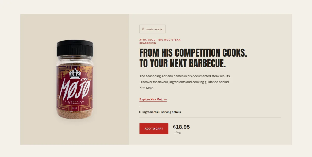 Página de produto da nova loja Shopify da BRZ Food com resultados de competição exibidos ao lado do botão de compra