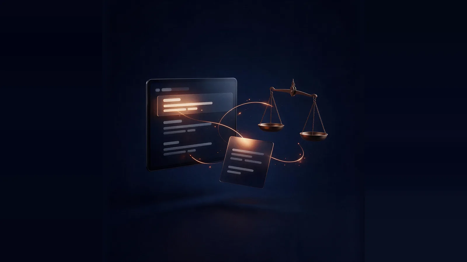 Página de resultados com anúncio em destaque, balança da justiça e documento conectados por traços de luz, em tom sóbrio