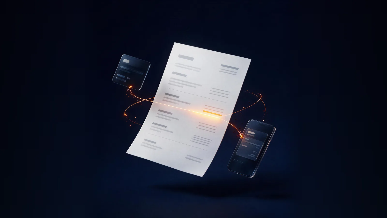 Proposta comercial com itens discriminados, conectada por traços de luz a um cartão de custos e a uma fatura no celular