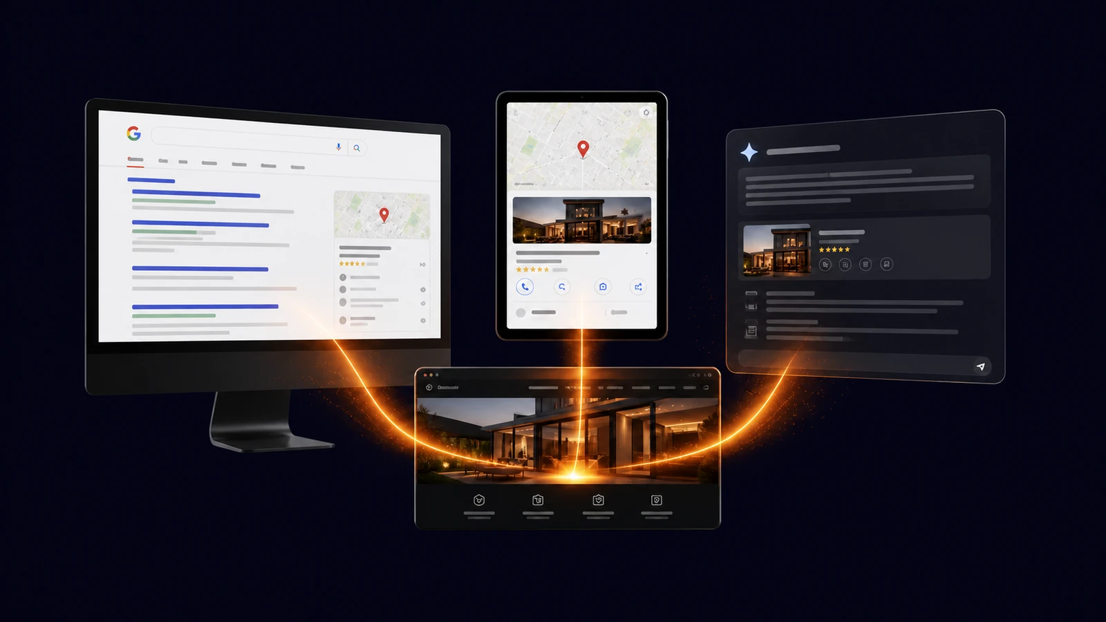 Pesquisa, resposta por inteligência artificial e cliente chegando ao site de uma empresa