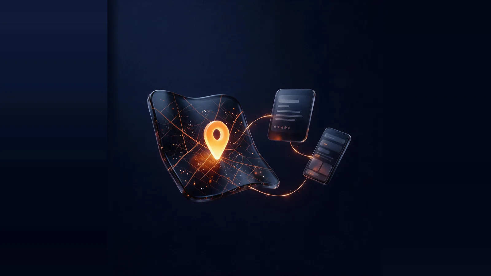 Mapa da cidade com pino de localização aceso, conectado ao perfil da empresa com avaliações e à busca local no celular