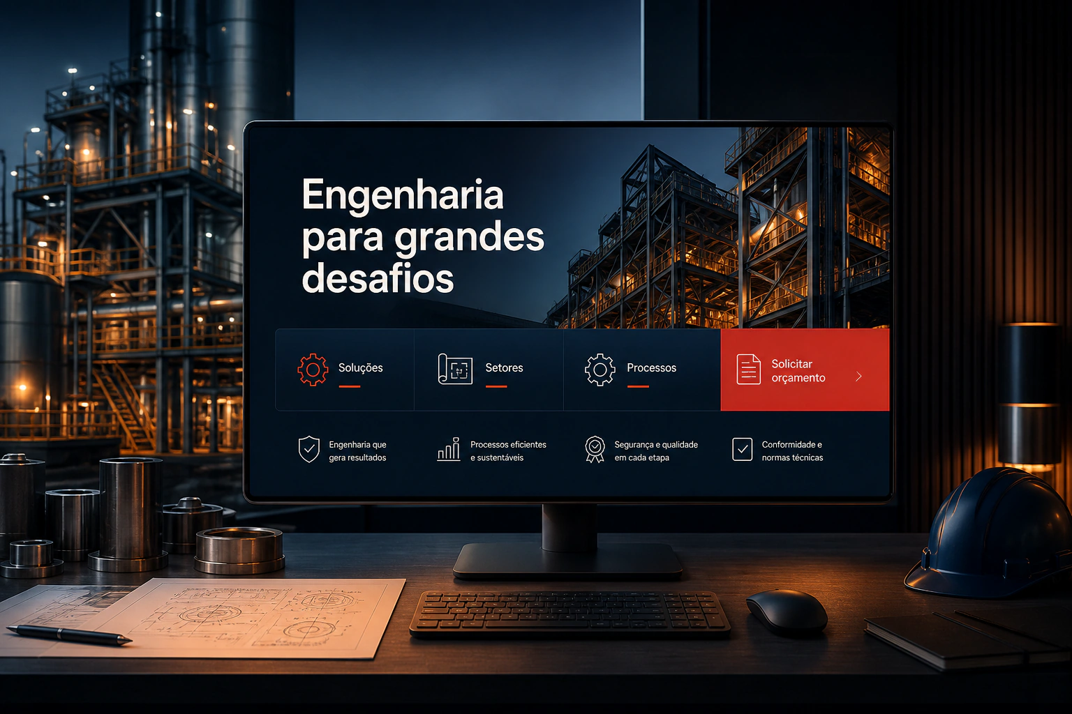 Conceito de site industrial B2B com soluções, setores e orçamento