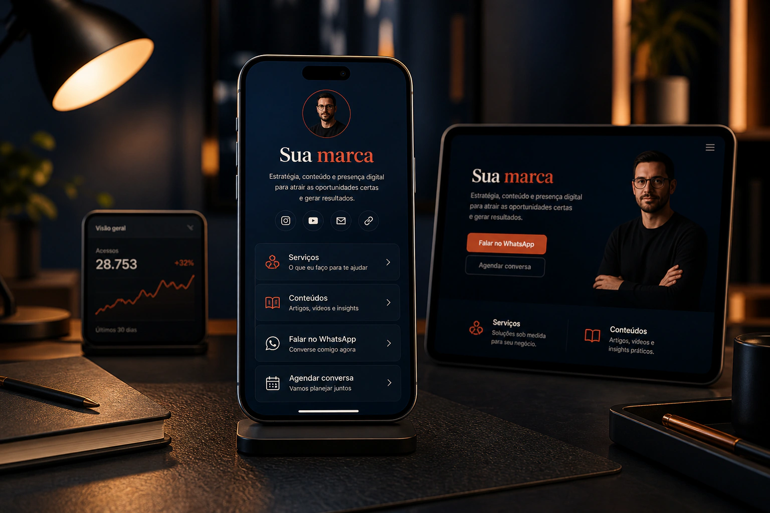 Conceito de site compacto e página de links para uma marca pessoal
