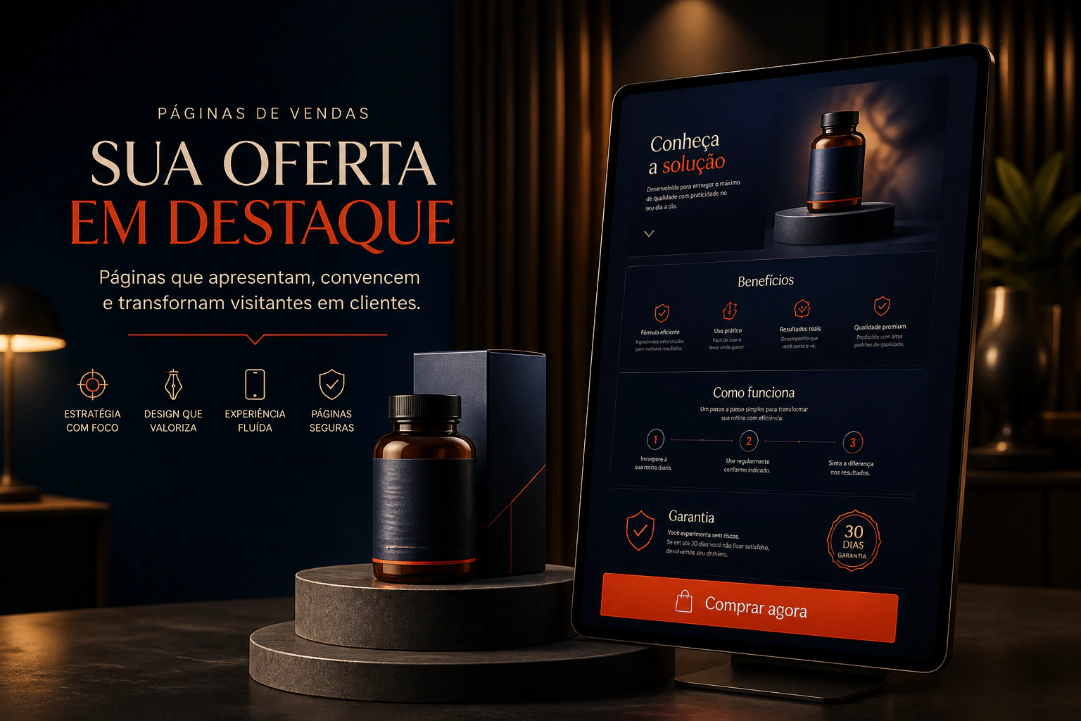 Conceito de página de vendas para apresentação e compra de produto