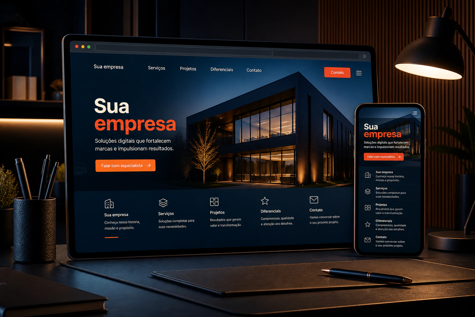 Conceito de site institucional profissional apresentado em computador e celular