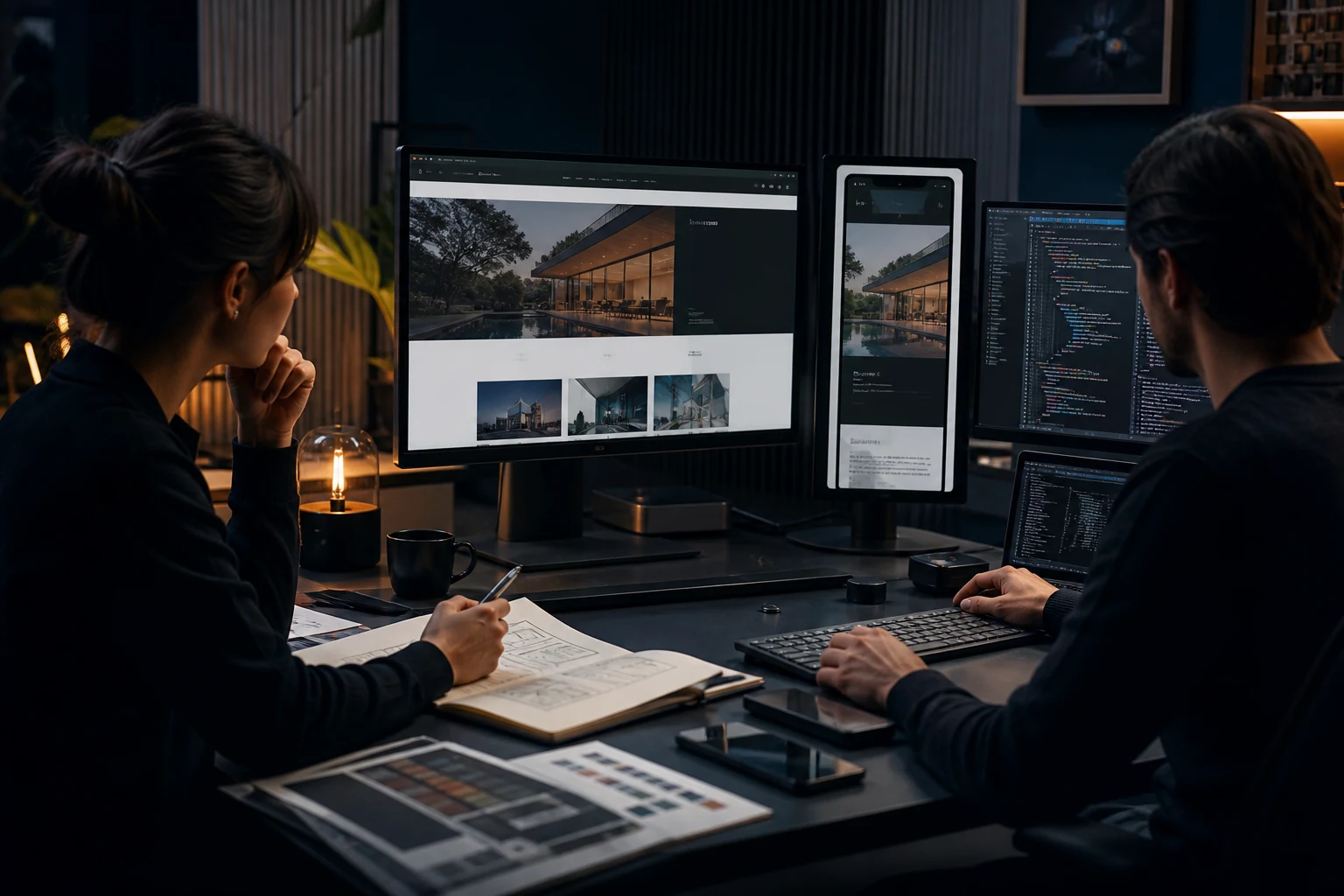 Designer e desenvolvedor construindo uma interface responsiva em ambiente profissional