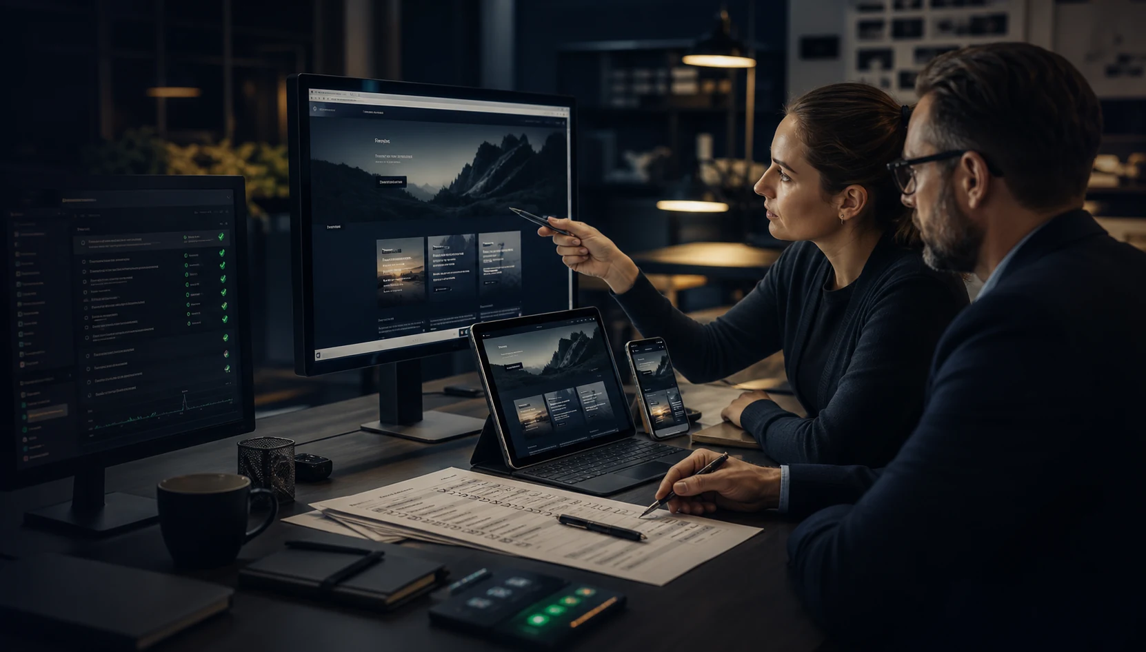 Equipe revisando o site em desktop, tablet e celular antes da publicação