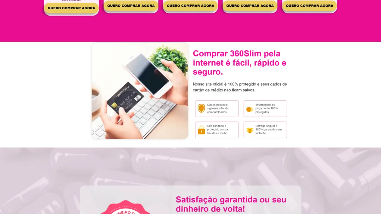 Seção Comprar 360Slim pela internet é fácil, rápido e seguro, com a foto de mãos segurando um cartão de crédito e um celular e quatro cartões sobre dados pessoais, pagamento, proteção do site e entrega; acima ficam os botões dos kits e, embaixo, o começo da faixa de garantia