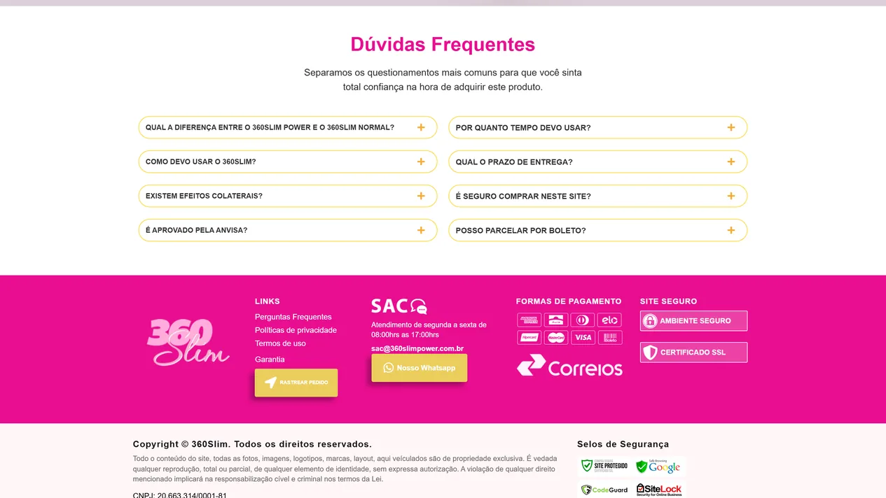 Seção Dúvidas Frequentes do 360Slim Power com oito perguntas fechadas em duas colunas e o rodapé magenta com links, SAC, botão de WhatsApp, formas de pagamento, Correios e selos de site seguro