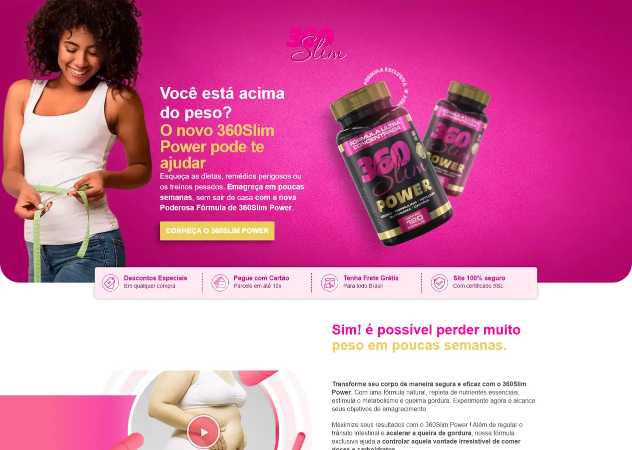 Página de vendas completa do 360Slim Power, do topo magenta com os potes até o rodapé, passando por vídeo, fotos de depoimento, ingredientes, bônus em e-book, tabela de kits, compra segura, garantia e perguntas frequentes