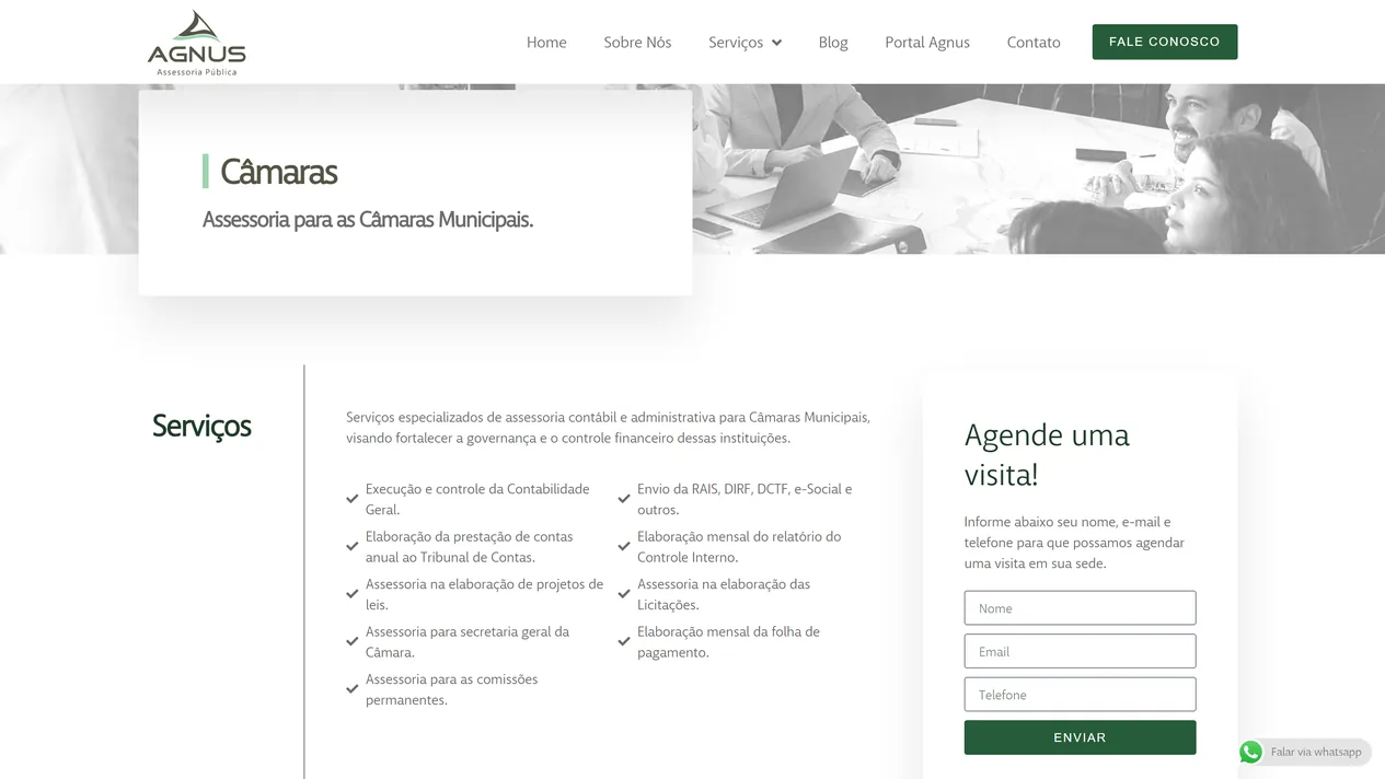 Página Câmaras do site da Agnus Contabilidade com o subtítulo Assessoria para as Câmaras Municipais, a lista de nove serviços com check e o card Agende uma visita, com os campos nome, e-mail e telefone e o botão Enviar
