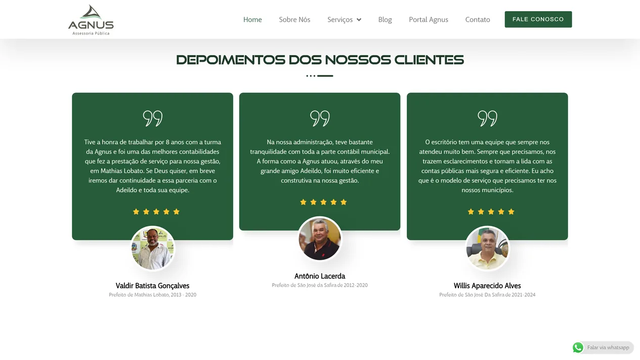 Seção Depoimentos dos nossos clientes na home da Agnus Contabilidade, com três cards verdes de depoimento, cinco estrelas e, abaixo de cada um, a foto, o nome, o município e o mandato do prefeito que assina