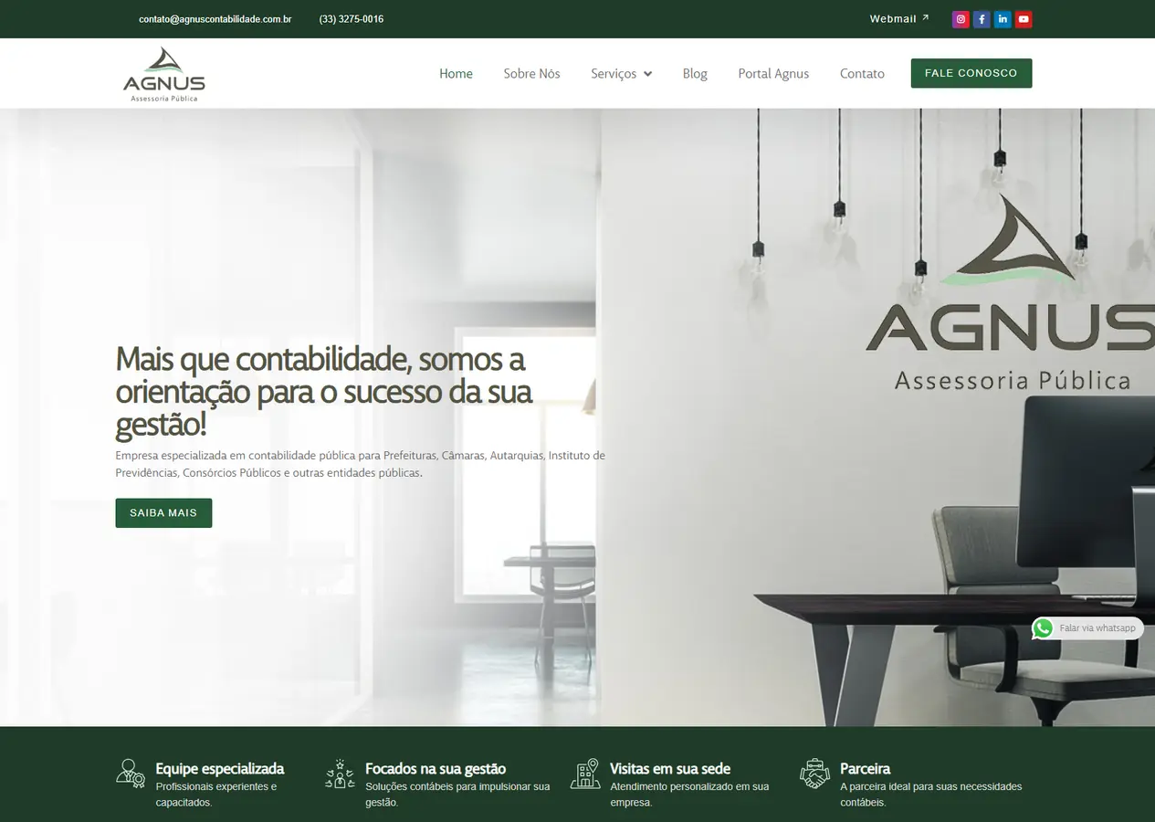 Página inicial completa do site da Agnus Contabilidade, do hero com o logo Agnus Assessoria Pública até o rodapé, passando por Sobre Nós, faixa de agendamento de visita, serviços, brasões dos municípios atendidos, depoimentos e últimas notícias
