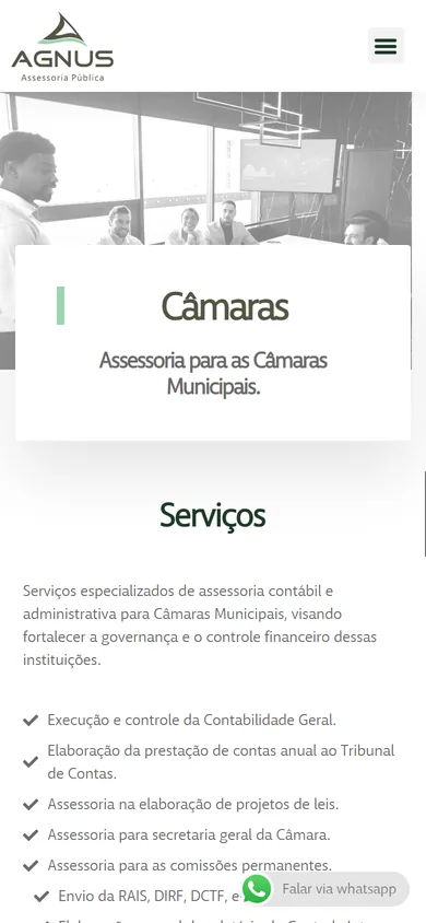 Página Câmaras no celular, com a foto de reunião, o card com o título e o começo da lista de serviços