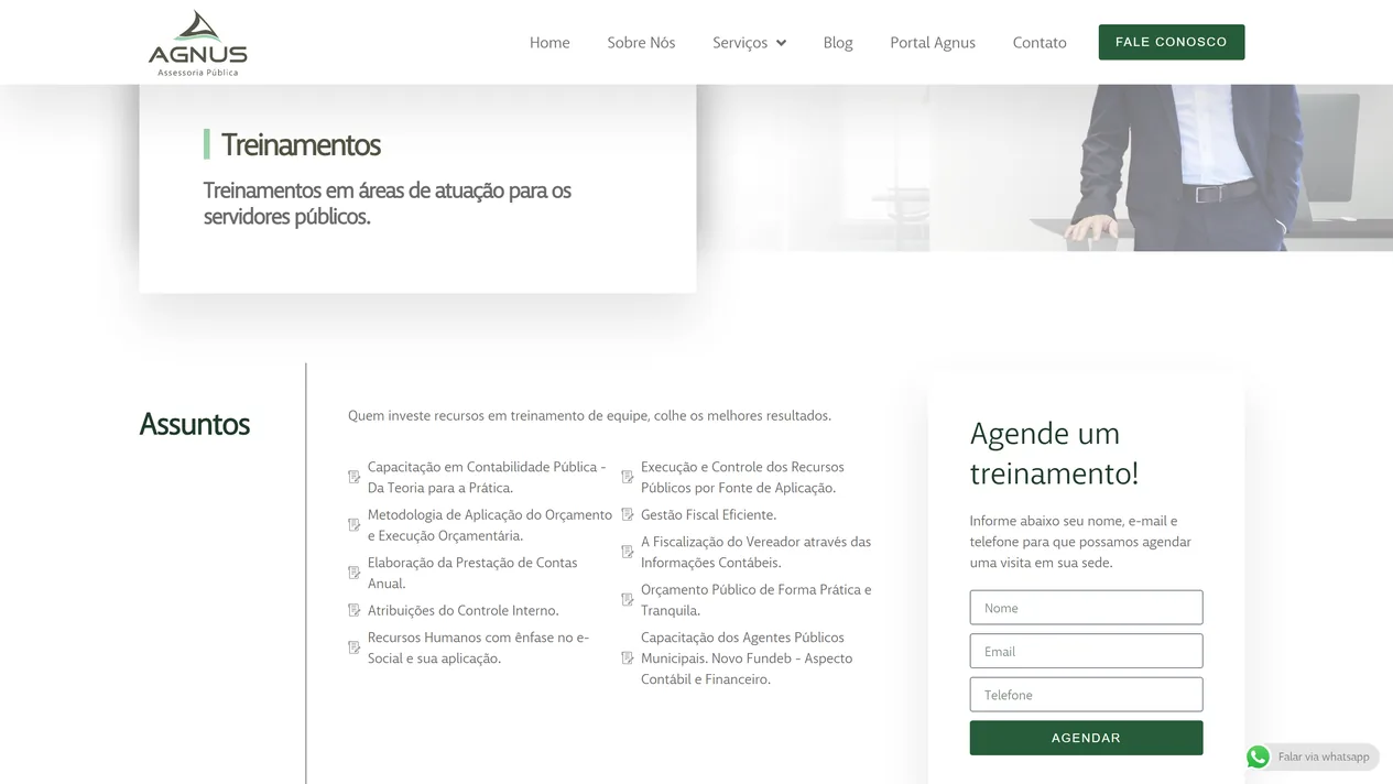 Página Treinamentos do site da Agnus Contabilidade com o subtítulo Treinamentos em áreas de atuação para os servidores públicos, a lista de dez assuntos e o formulário Agende um treinamento com o botão Agendar