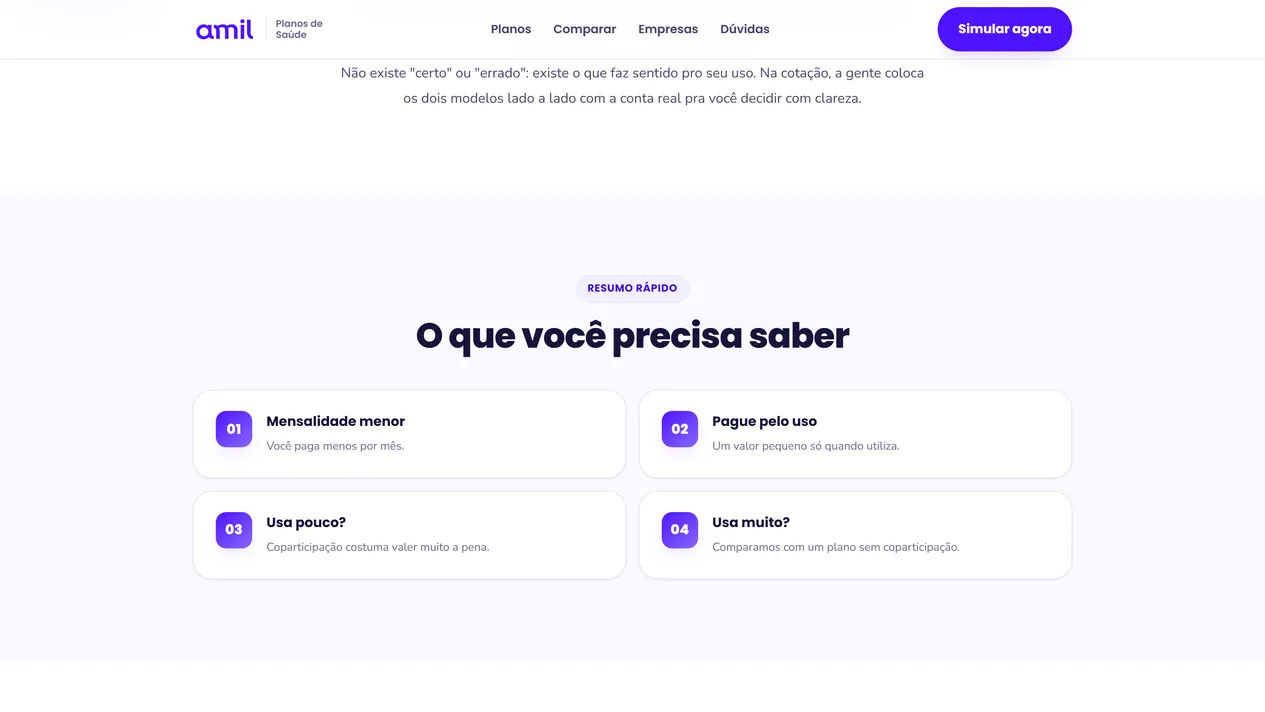 Página da dúvida sobre coparticipação, com o fim da explicação e a seção Resumo rápido, O que você precisa saber, em quatro cartões: mensalidade menor, pague pelo uso, usa pouco? e usa muito?
