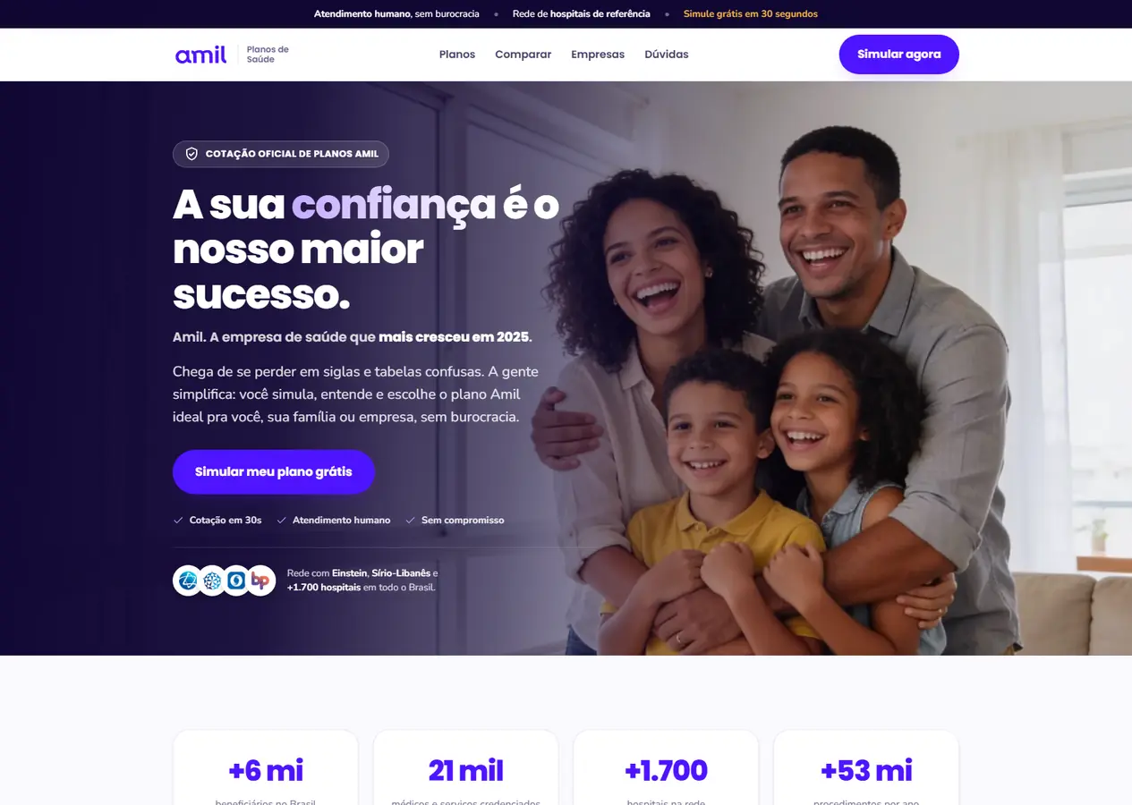 Home completa do site de cotação Amil Convênio, do topo com a foto de família, o título A sua confiança é o nosso maior sucesso e o botão Simular meu plano grátis até o rodapé, passando pelos números da rede, os perfis de contratação, as linhas com valor de referência, os passos até o plano ativo, os hospitais, os benefícios, as dúvidas, os depoimentos, as perguntas frequentes e a faixa final de simulação