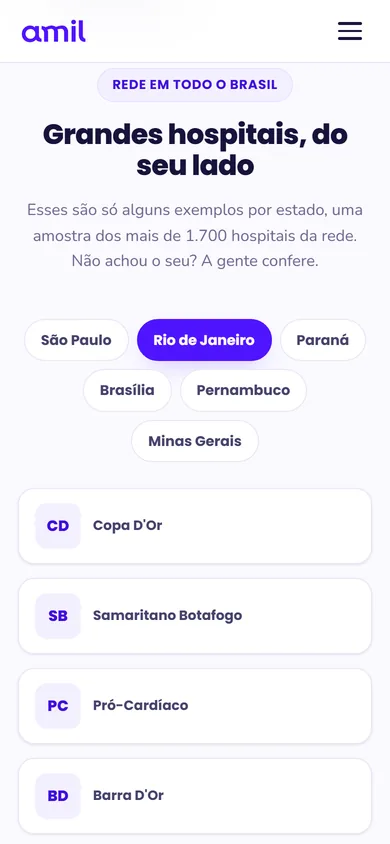 A mesma seção no celular, com as abas de estado em três linhas e um hospital por linha