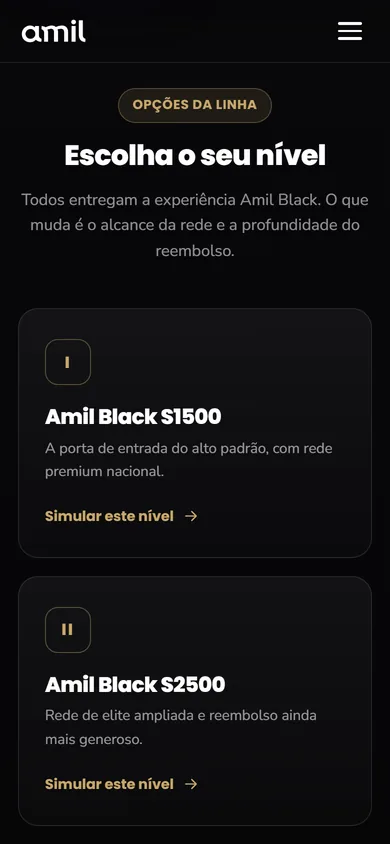 A mesma seção no celular, com o cabeçalho preto e os cartões dos níveis empilhados