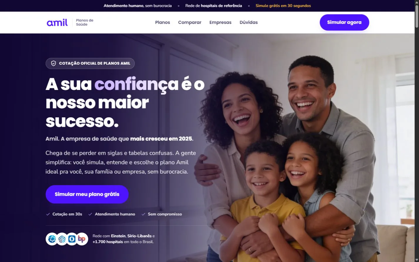 Landing page de cotação para planos de saúde Amil