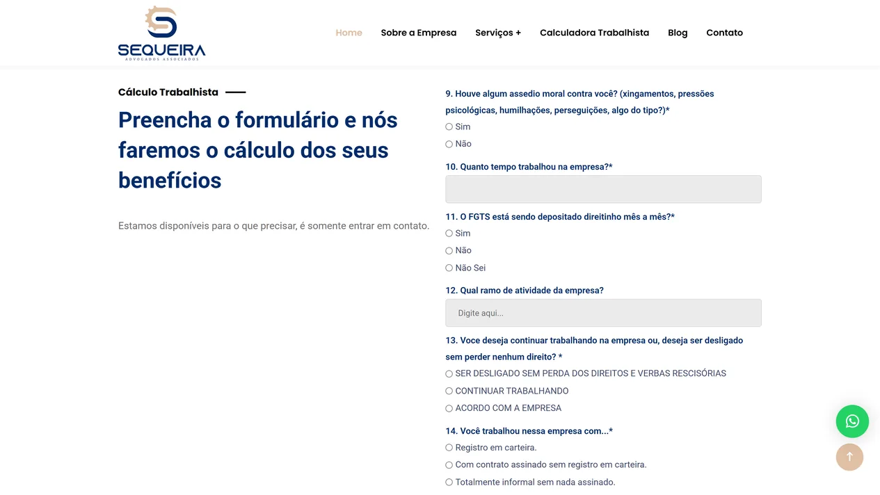 Calculadora trabalhista do site do escritório Bernardino Sequeira na quinta etapa, com perguntas sobre assédio moral, tempo de casa, depósito do FGTS com a opção Não Sei, ramo da empresa, vontade de sair ou continuar e forma de contratação