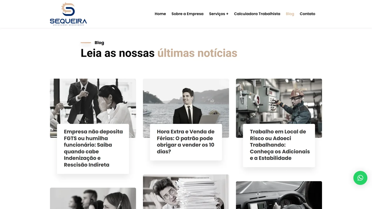 Página Blog do site do escritório Bernardino Sequeira com os artigos sobre FGTS não depositado e humilhação, hora extra e venda de férias e trabalho em local de risco, em cartões com foto e título sobreposto