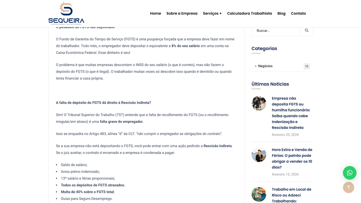 Artigo do blog do escritório Bernardino Sequeira sobre FGTS não depositado, com a pergunta sobre rescisão indireta em negrito, a resposta com o entendimento do TST e o artigo 483 da CLT e a lista de verbas, ao lado da barra de últimas notícias