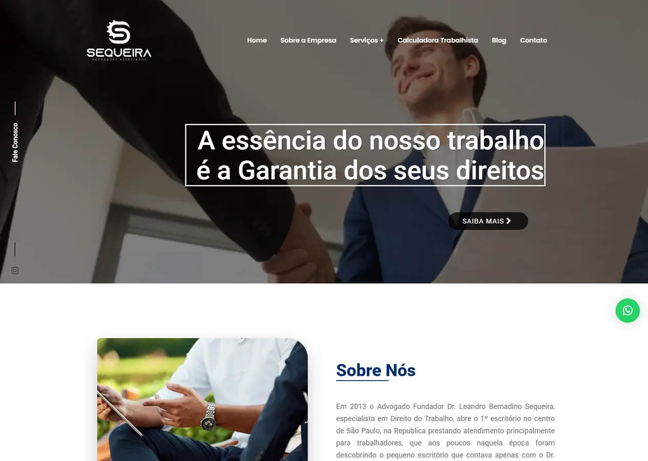 Página inicial completa do site do escritório Bernardino Sequeira (Sequeira Advogados Associados), do hero ao rodapé, passando por Sobre Nós, áreas de atuação, calculadora trabalhista e faixa de contato, com a faixa de números e o slogan do rodapé desfocados