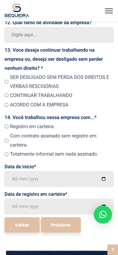 Quinta etapa da calculadora no celular, com as perguntas 12 a 14, os campos de data de início e de registro em carteira e os botões Voltar e Próximo