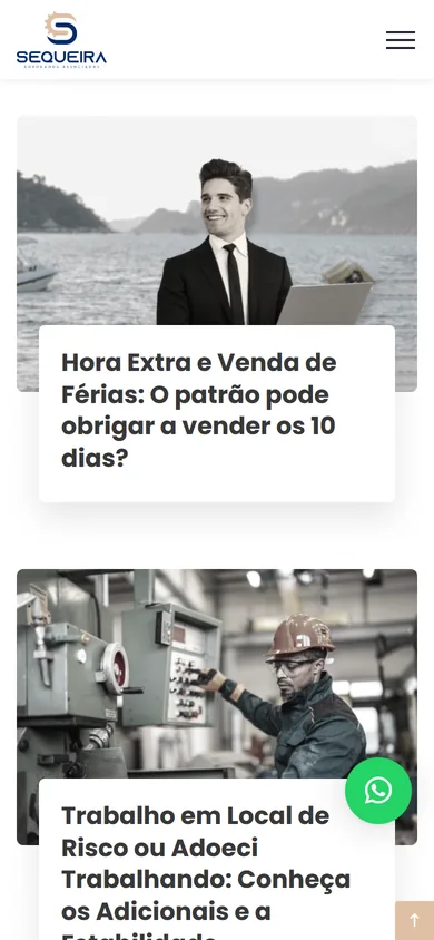 Blog no celular, com o cartão do artigo sobre hora extra e venda de férias e, abaixo, o cartão sobre trabalho em local de risco