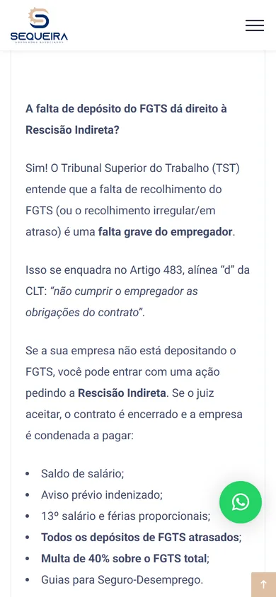 O mesmo artigo no celular, da pergunta sobre rescisão indireta em negrito até a lista de verbas, em coluna única