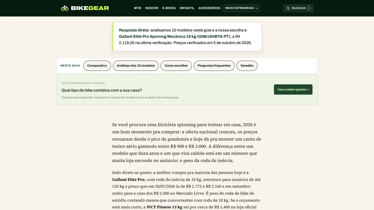Guia Melhores Bicicletas Spinning em 2026 no BikeGear: parágrafo de resposta direta com a escolha Gallant Elite Pro e o preço da última verificação, barra de atalhos do guia, convite ao seletor de bike e o começo do texto