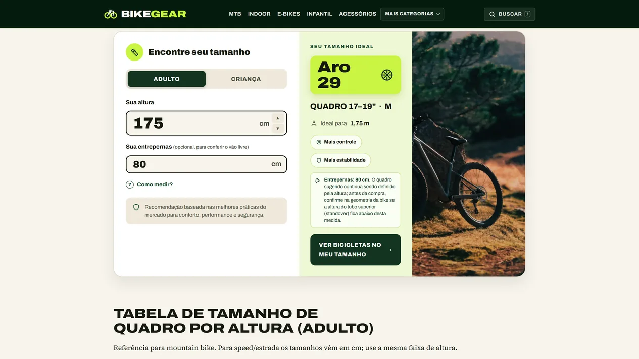Calculadora de tamanho de bicicleta do BikeGear com altura de 175 cm e entrepernas de 80 cm preenchidas e o resultado aro 29, quadro de 17 a 19 polegadas, tamanho M, com nota sobre o vão livre e o botão Ver bicicletas no meu tamanho