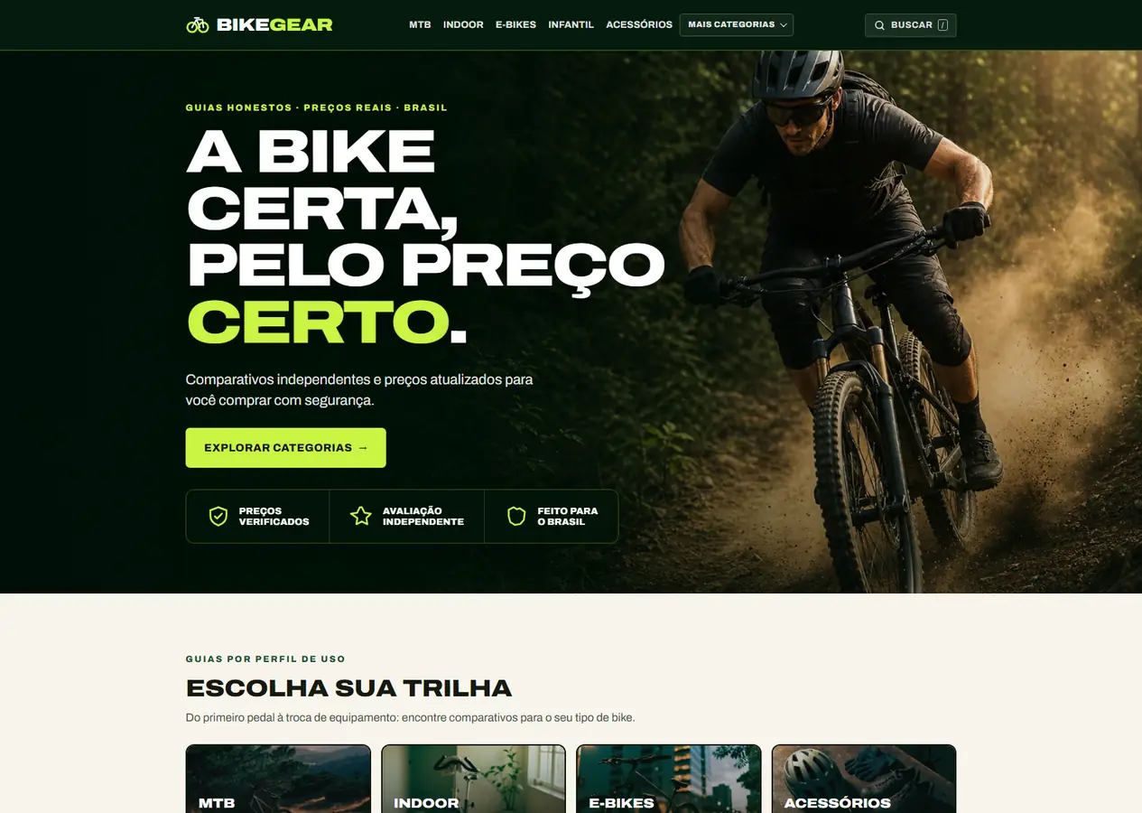 Página inicial completa do BikeGear, do topo, com o ciclista de MTB na trilha e a manchete “A bike certa, pelo preço certo”, até o rodapé, passando por atalhos por perfil de uso, ferramentas de escolha, guia em destaque, guias recentes, ofertas da semana e um bloco por categoria