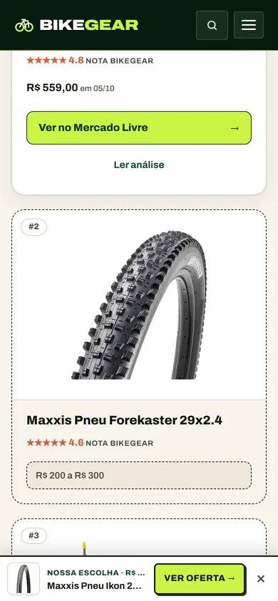 No celular, o fim do card do Maxxis Ikon com o preço datado e o botão para o Mercado Livre, o card tracejado do Maxxis Forekaster só com a faixa de preço e a barra fixa de compra no rodapé
