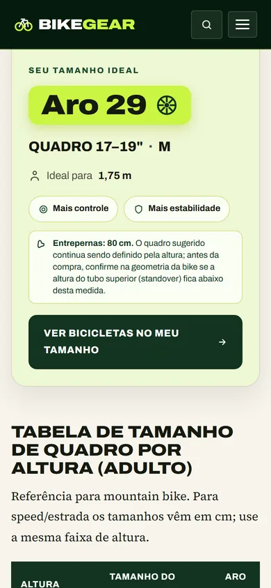 O resultado da calculadora no celular, empilhado, com aro 29, quadro M, a nota da entrepernas e o começo da tabela de quadro por altura