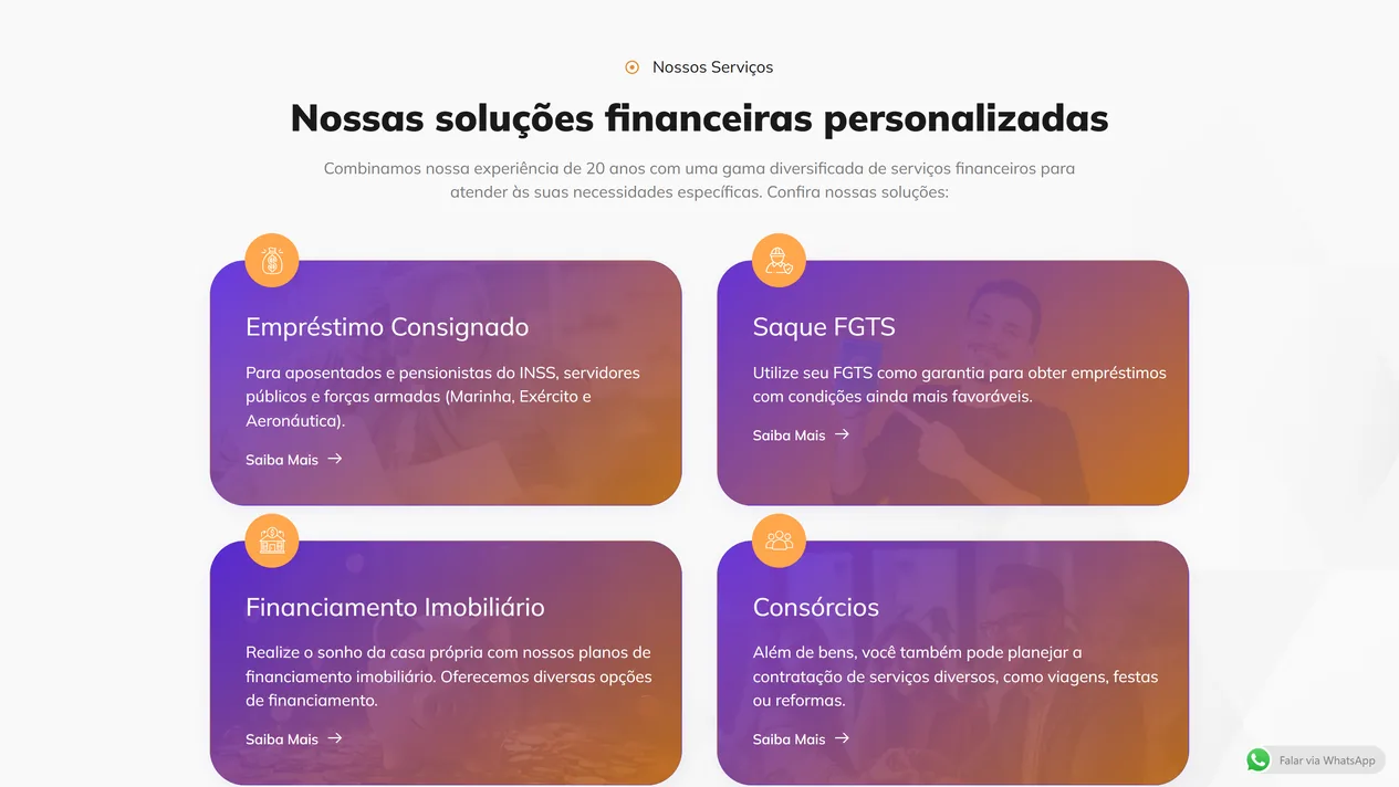 Seção Nossas soluções financeiras personalizadas da home da BN Crédito, com cartões em degradê violeta e laranja de Empréstimo Consignado, Saque FGTS, Financiamento Imobiliário e Consórcios, cada um com uma descrição curta e o link Saiba Mais